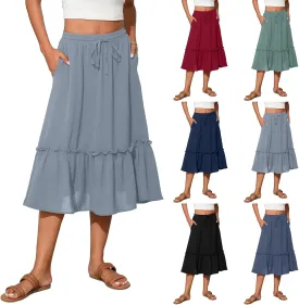 Tiered Midi Skirts for Women Flowy High Waisted Drawstring A Line Skirt with Pockets Summer Casual Cover Up Skirt