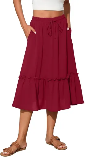 Tiered Midi Skirts for Women Flowy High Waisted Drawstring A Line Skirt with Pockets Summer Casual Cover Up Skirt