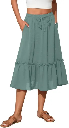 Tiered Midi Skirts for Women Flowy High Waisted Drawstring A Line Skirt with Pockets Summer Casual Cover Up Skirt