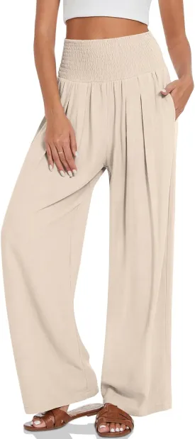 UEU Women's Linen Palazzo Pants Wide Leg High Waisted Lounge Boho Summer Casual Beach Pants with Pockets