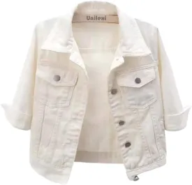 Unilexi Women's 3/4 Sleeve Colored Cropped Denim Jacket Light Wash Short Jean Jacket Trucker Coat