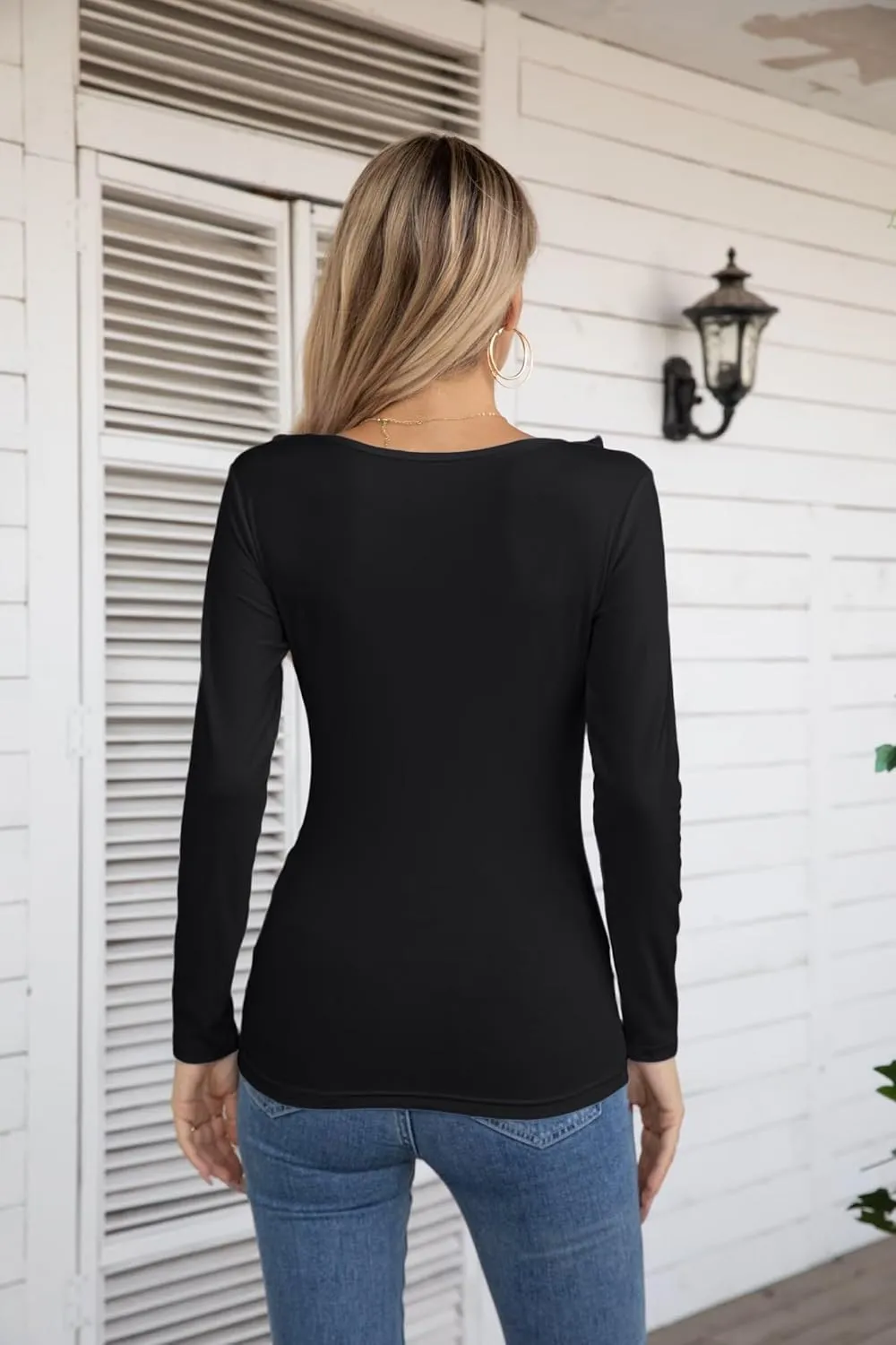 VICHYIE Womens Long Sleeve Shirts V Neck Ruffle Hem Slim Fitted Ribbed Knit Trendy Tee Tight Tops