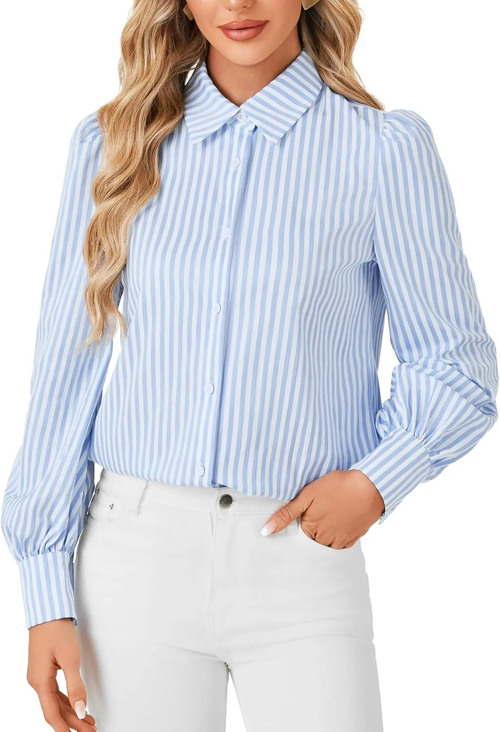 Vrtige Women's Striped Button Down Shirt Collar Neck Bishop Long Sleeve Office Top Work Blouse