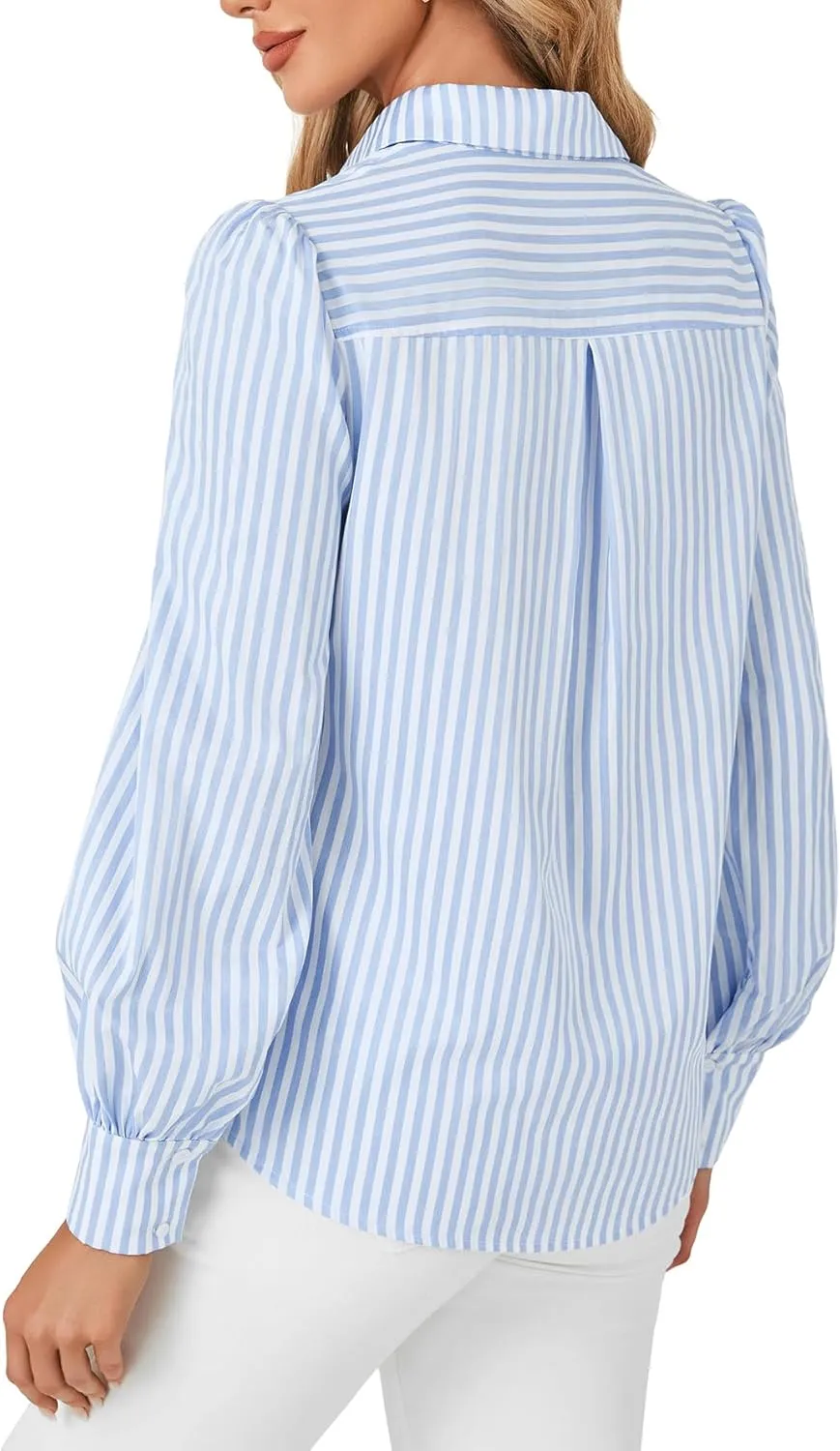 Vrtige Women's Striped Button Down Shirt Collar Neck Bishop Long Sleeve Office Top Work Blouse