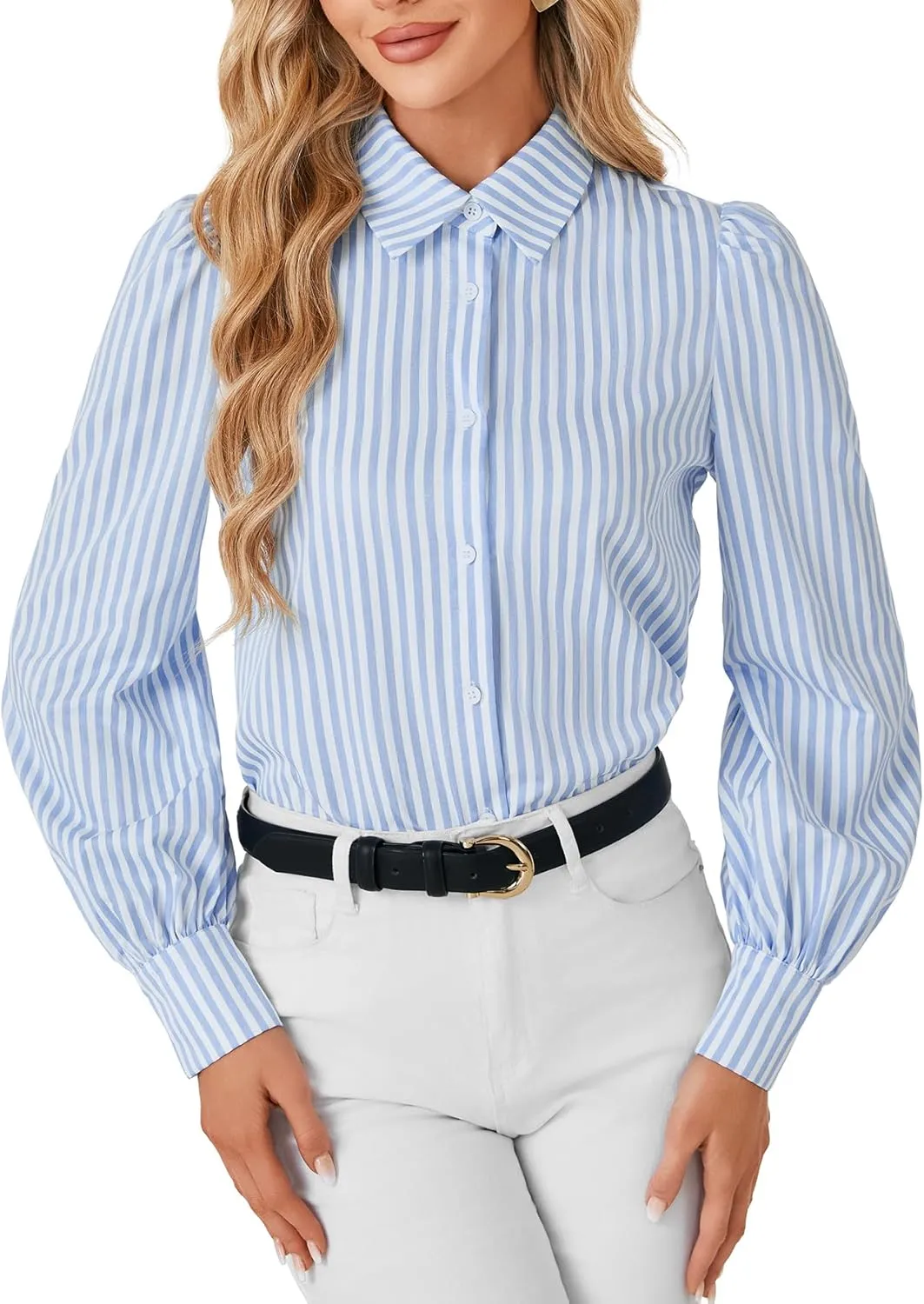 Vrtige Women's Striped Button Down Shirt Collar Neck Bishop Long Sleeve Office Top Work Blouse