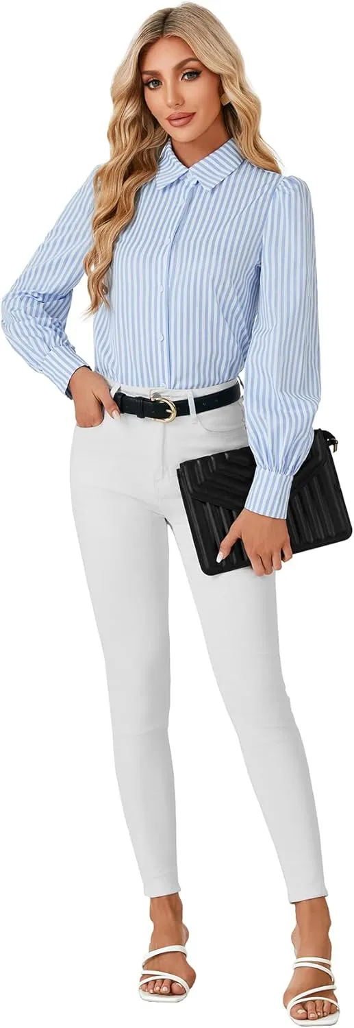 Vrtige Women's Striped Button Down Shirt Collar Neck Bishop Long Sleeve Office Top Work Blouse