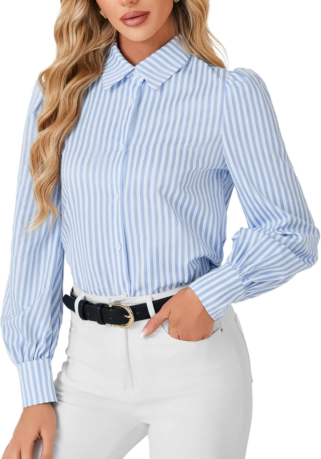 Vrtige Women's Striped Button Down Shirt Collar Neck Bishop Long Sleeve Office Top Work Blouse