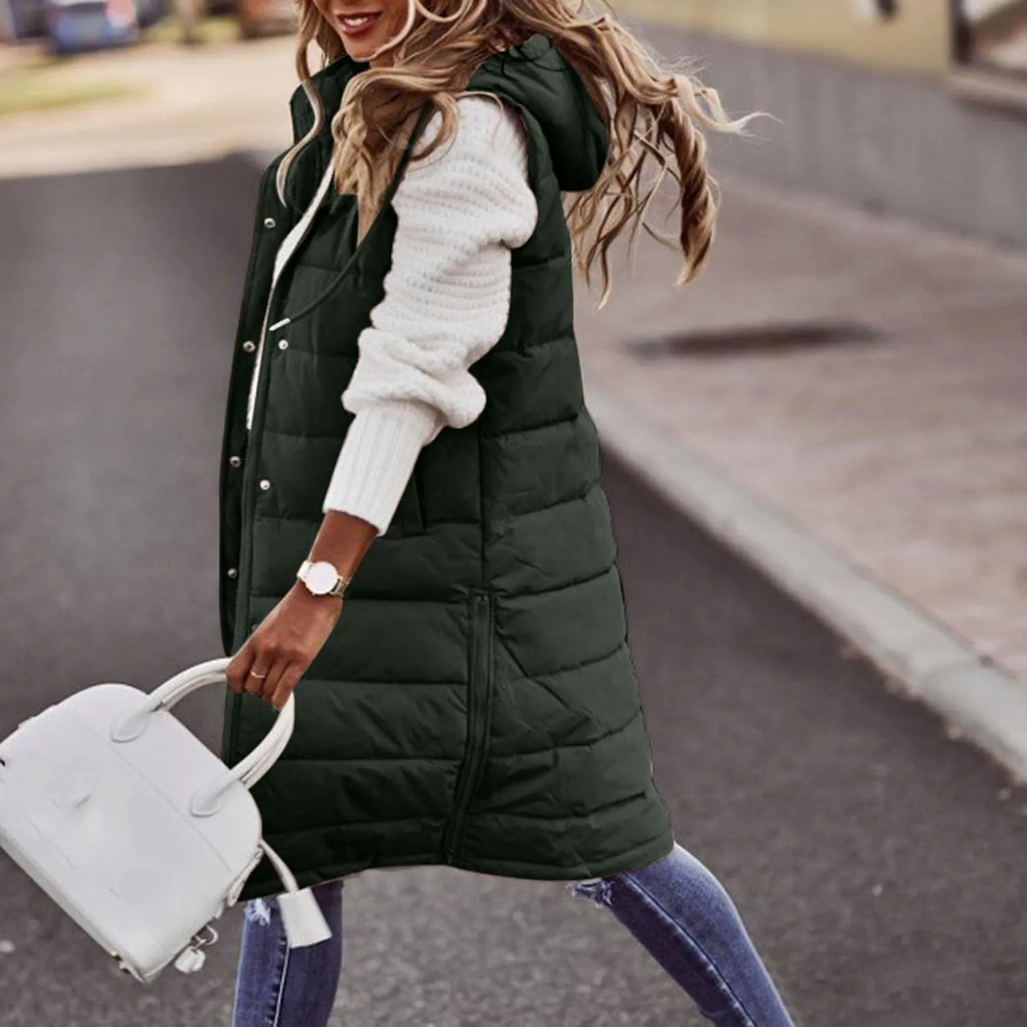 Wankang Long Puffer Vest for Women with Hood Sleeveless Puffer Jacket Lightweight Down Vest Full Zip Winter Quilted Vest