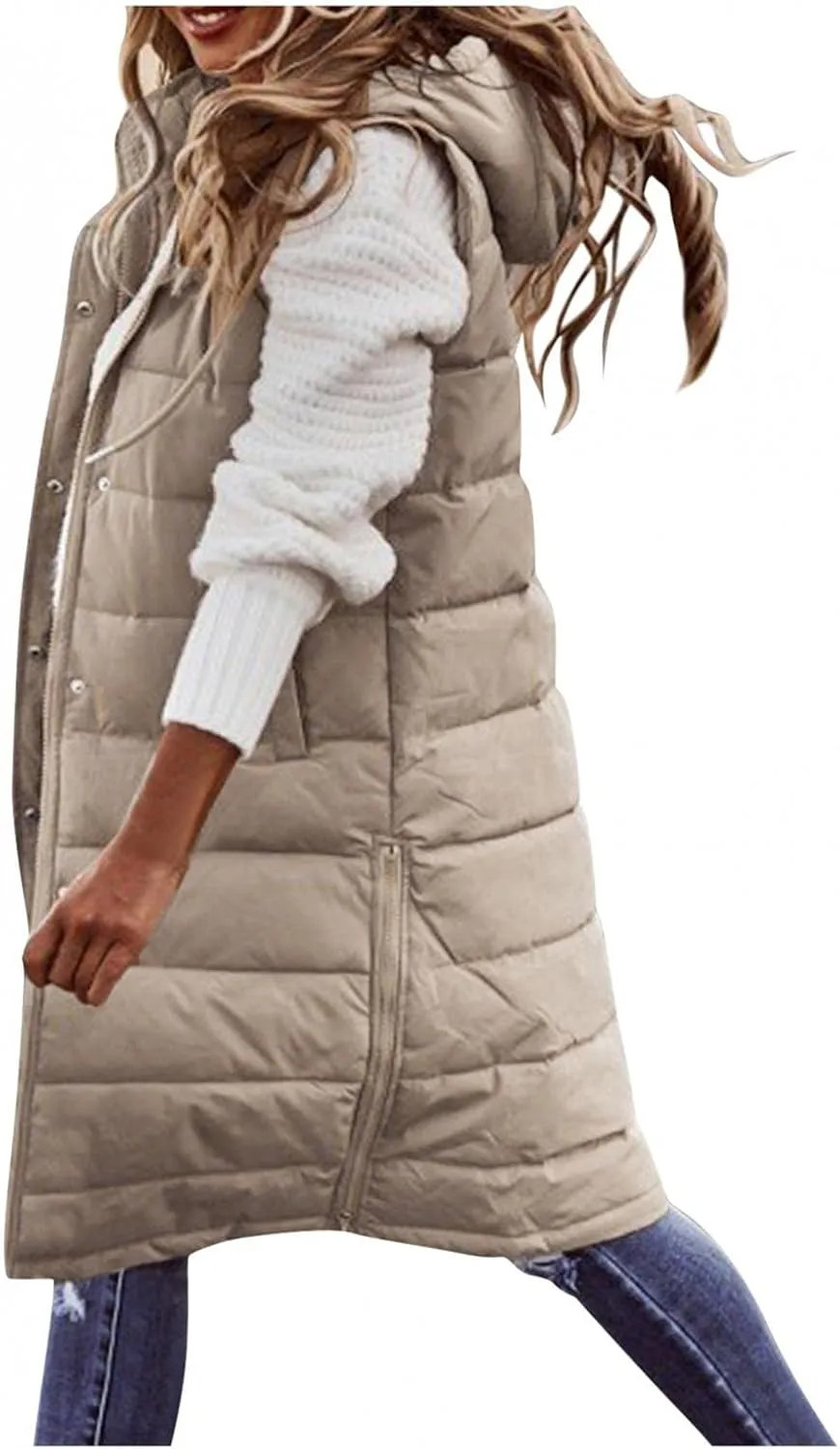 Wankang Long Puffer Vest for Women with Hood Sleeveless Puffer Jacket Lightweight Down Vest Full Zip Winter Quilted Vest