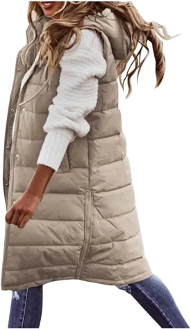 Wankang Long Puffer Vest for Women with Hood Sleeveless Puffer Jacket Lightweight Down Vest Full Zip Winter Quilted Vest