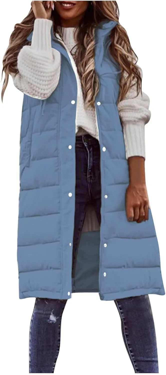 Wankang Long Puffer Vest for Women with Hood Sleeveless Puffer Jacket Lightweight Down Vest Full Zip Winter Quilted Vest