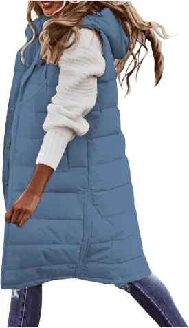 Wankang Long Puffer Vest for Women with Hood Sleeveless Puffer Jacket Lightweight Down Vest Full Zip Winter Quilted Vest