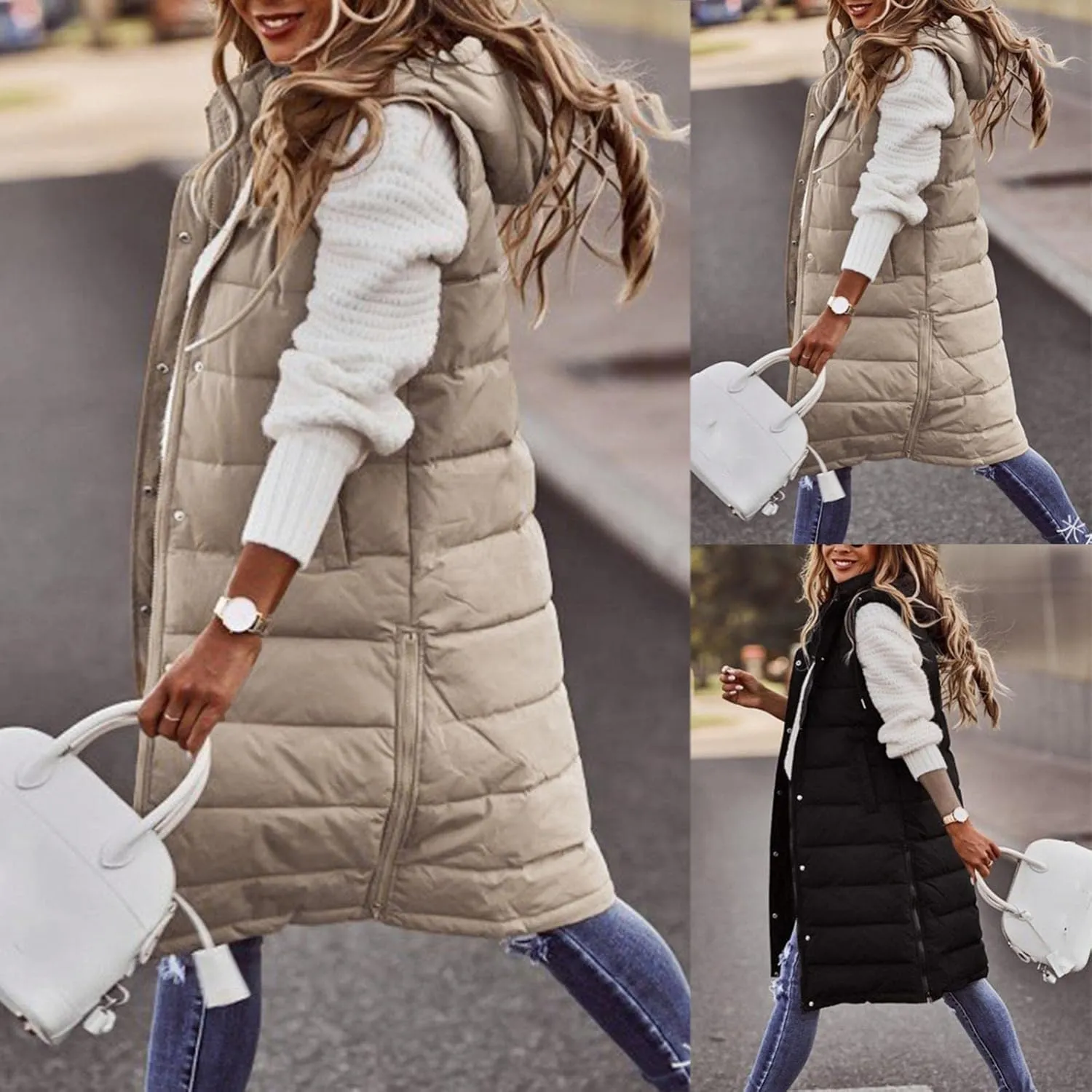 Wankang Long Puffer Vest for Women with Hood Sleeveless Puffer Jacket Lightweight Down Vest Full Zip Winter Quilted Vest