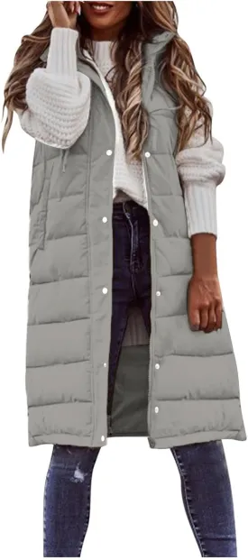 Wankang Long Puffer Vest for Women with Hood Sleeveless Puffer Jacket Lightweight Down Vest Full Zip Winter Quilted Vest