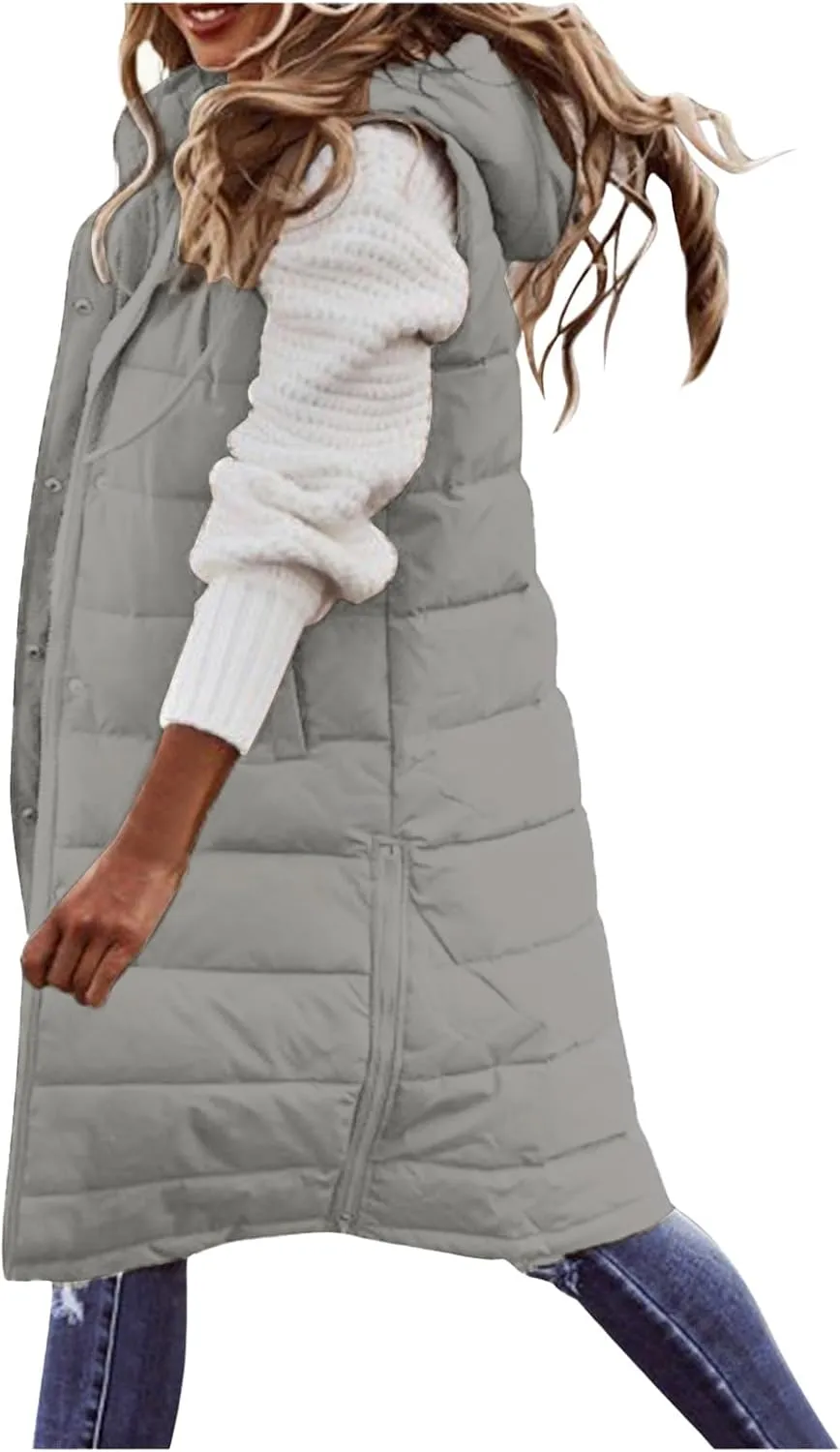 Wankang Long Puffer Vest for Women with Hood Sleeveless Puffer Jacket Lightweight Down Vest Full Zip Winter Quilted Vest