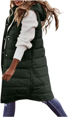 Wankang Long Puffer Vest for Women with Hood Sleeveless Puffer Jacket Lightweight Down Vest Full Zip Winter Quilted Vest