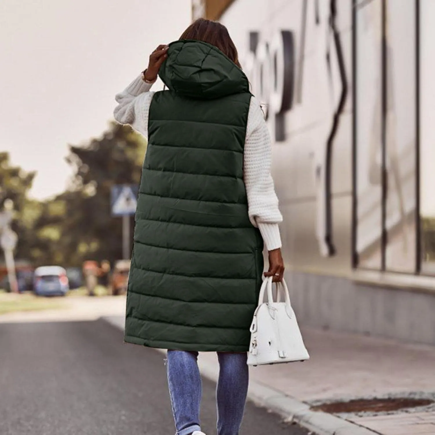 Wankang Long Puffer Vest for Women with Hood Sleeveless Puffer Jacket Lightweight Down Vest Full Zip Winter Quilted Vest