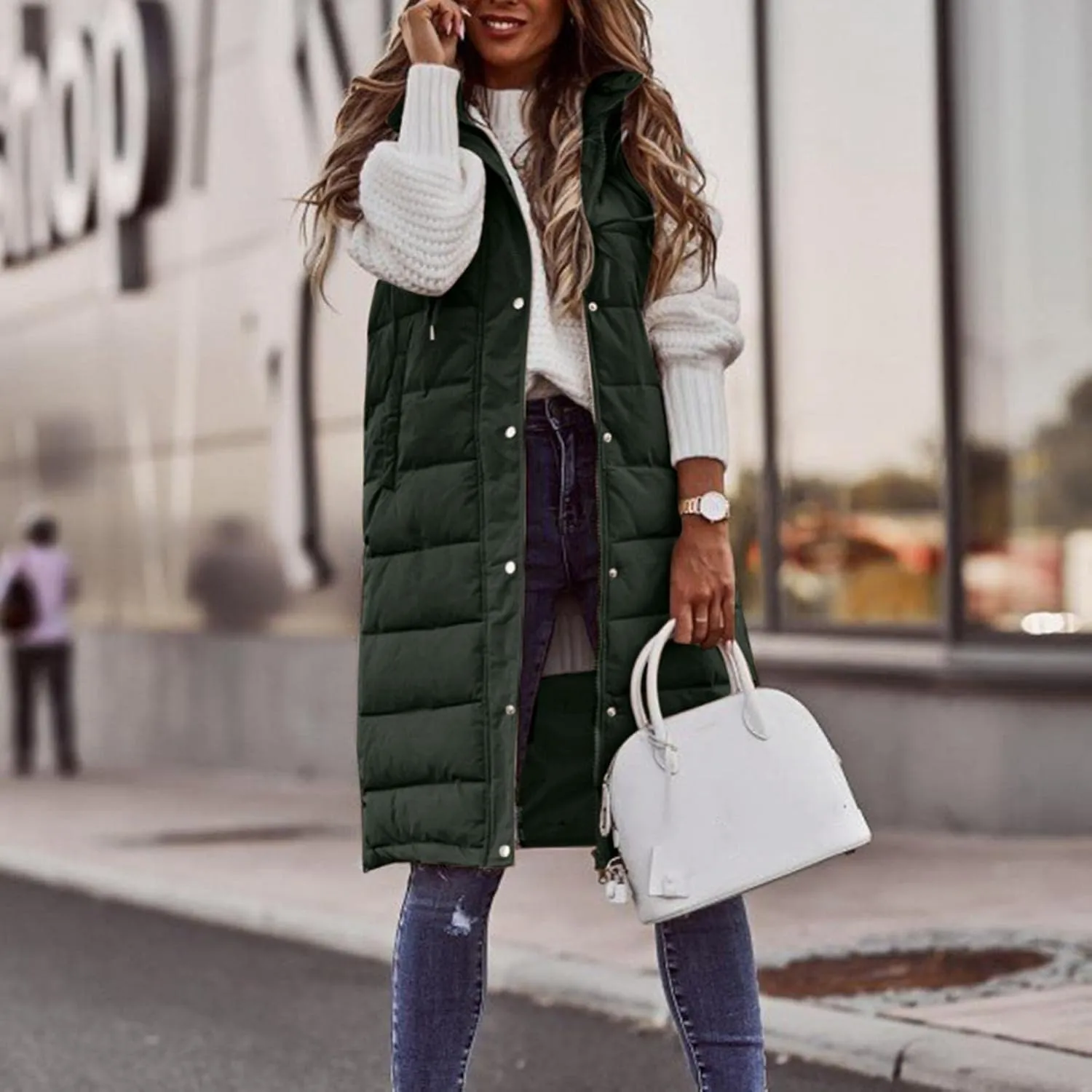 Wankang Long Puffer Vest for Women with Hood Sleeveless Puffer Jacket Lightweight Down Vest Full Zip Winter Quilted Vest
