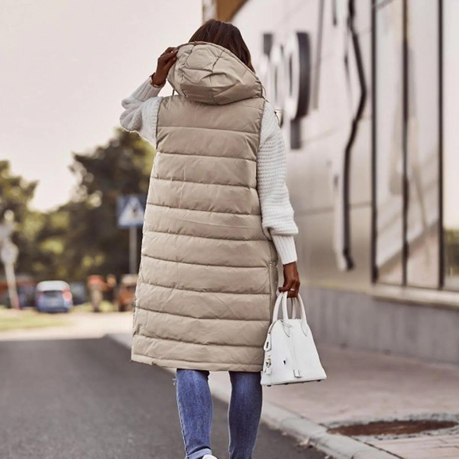 Wankang Long Puffer Vest for Women with Hood Sleeveless Puffer Jacket Lightweight Down Vest Full Zip Winter Quilted Vest