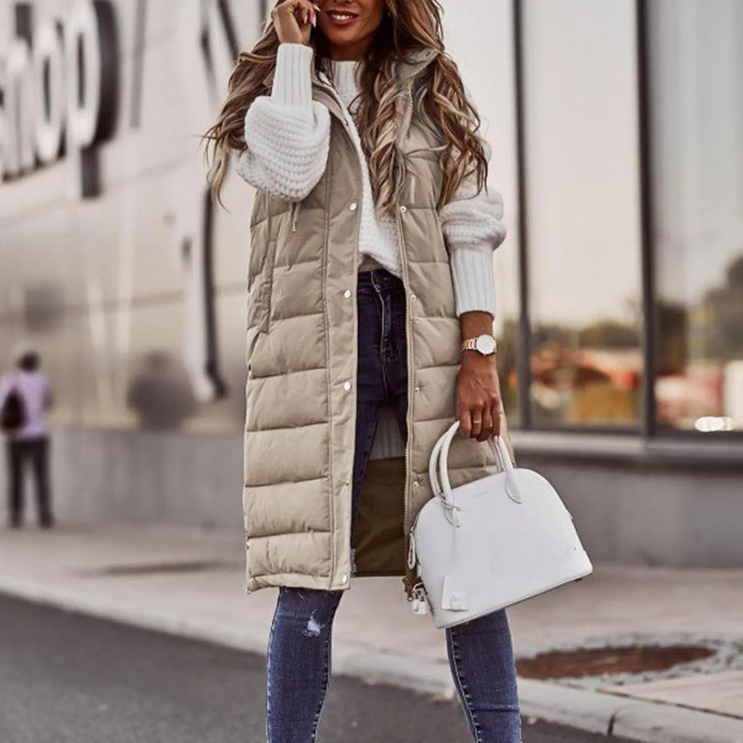 Wankang Long Puffer Vest for Women with Hood Sleeveless Puffer Jacket Lightweight Down Vest Full Zip Winter Quilted Vest