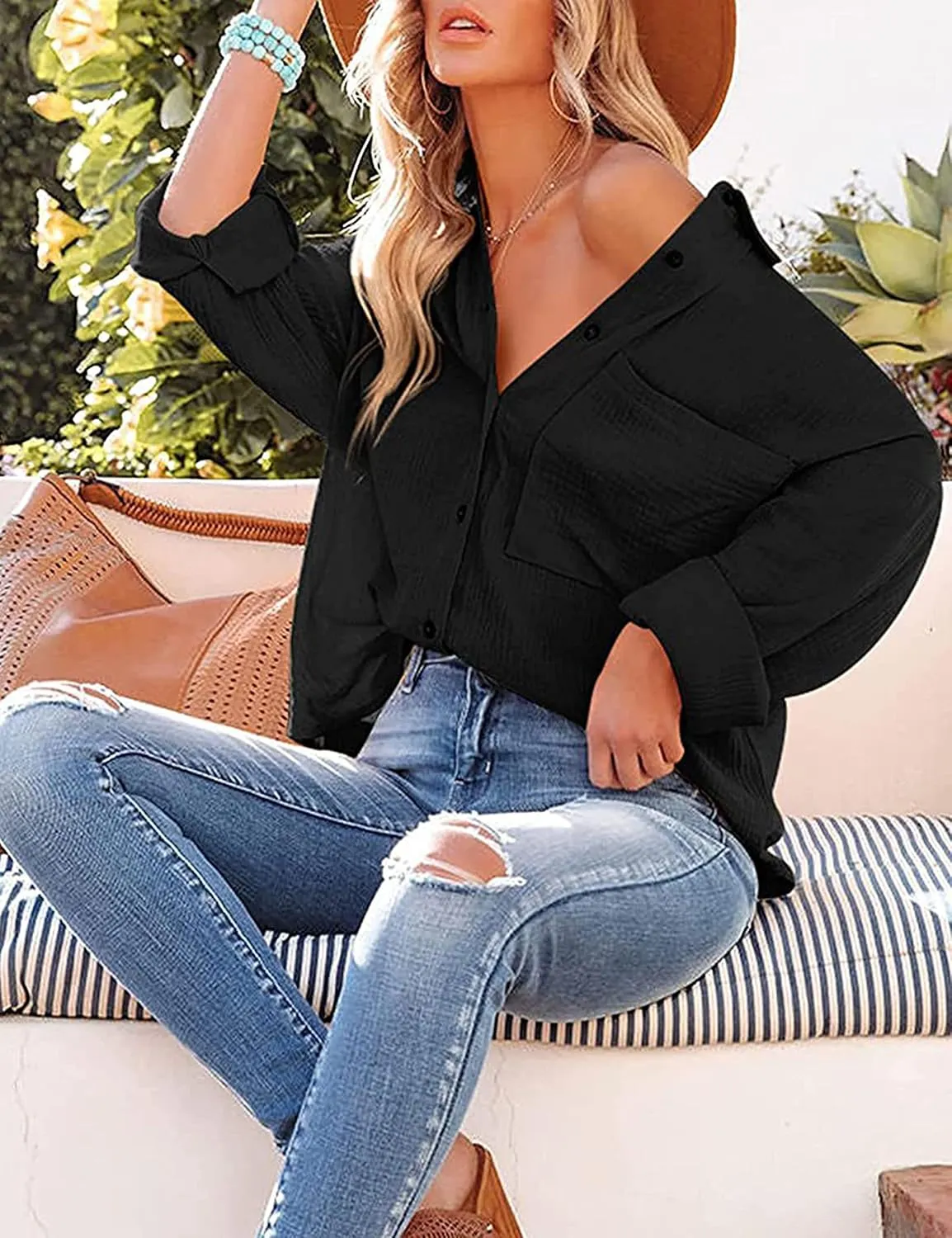 Wanzetaly Women's Casual Oversized Long Sleeve Button Down Shirts Cotton Business Office Blouse Tops