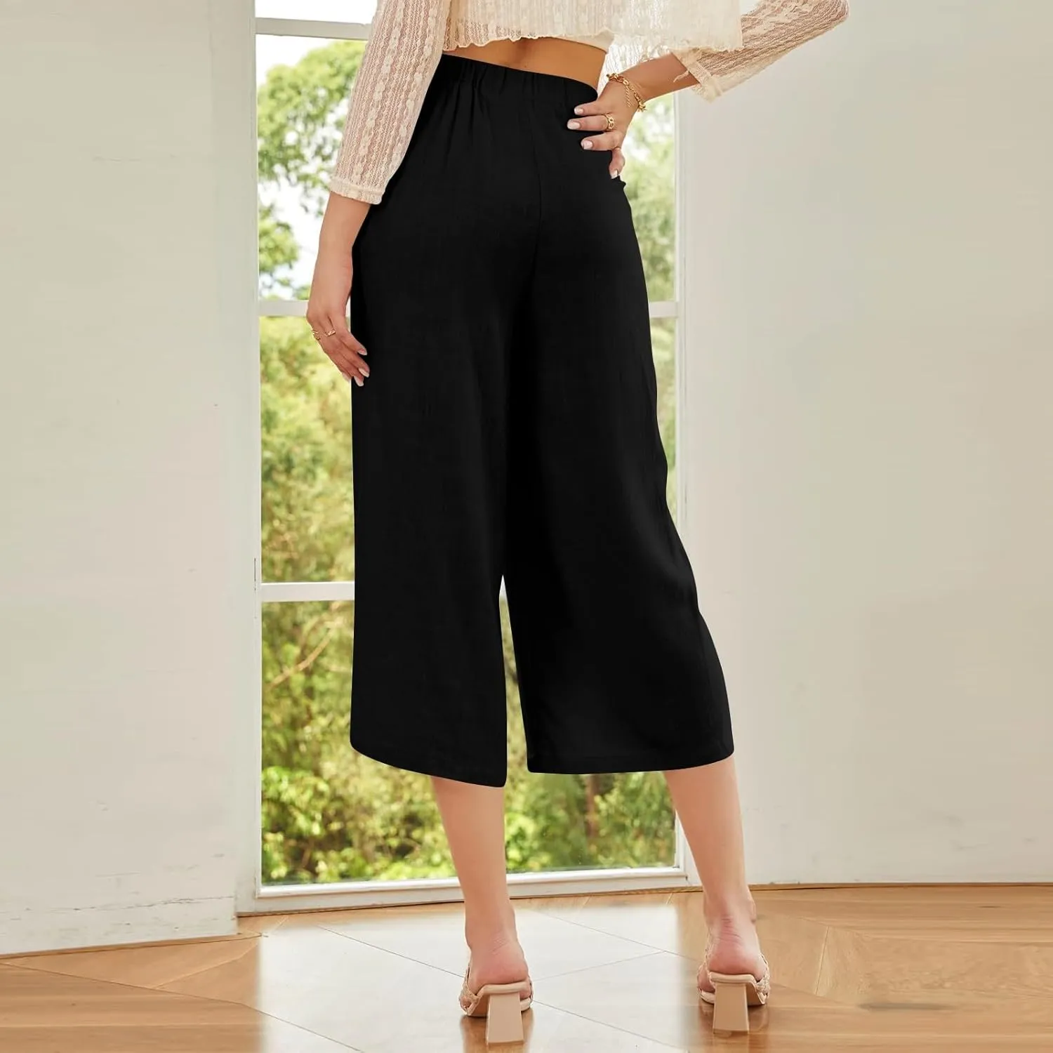 Wide Leg Linen Pants for Women Trendy High Waisted Cropped Culottes Casual Loose Capri Palazzo Pants with Pockets