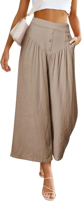 Wide Leg Linen Pants for Women Trendy High Waisted Cropped Culottes Casual Loose Capri Palazzo Pants with Pockets