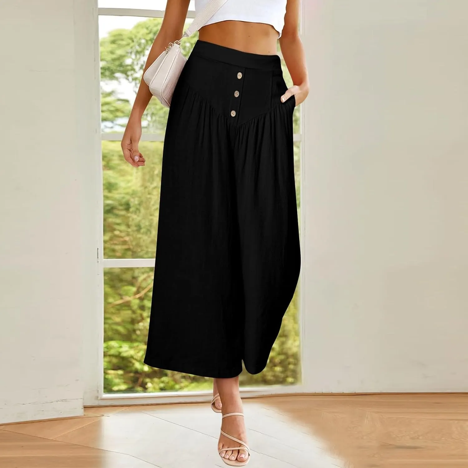 Wide Leg Linen Pants for Women Trendy High Waisted Cropped Culottes Casual Loose Capri Palazzo Pants with Pockets