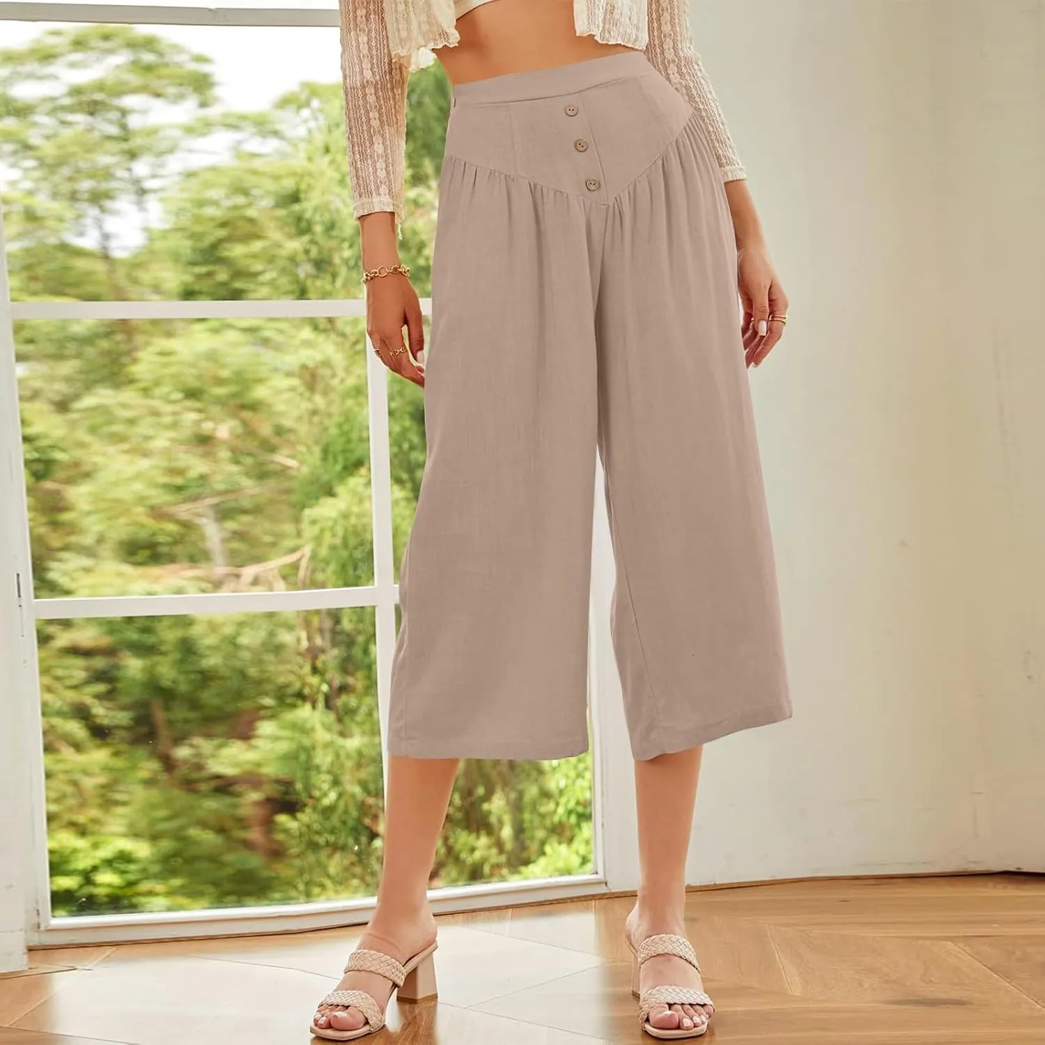 Wide Leg Linen Pants for Women Trendy High Waisted Cropped Culottes Casual Loose Capri Palazzo Pants with Pockets