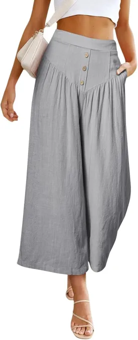 Wide Leg Linen Pants for Women Trendy High Waisted Cropped Culottes Casual Loose Capri Palazzo Pants with Pockets