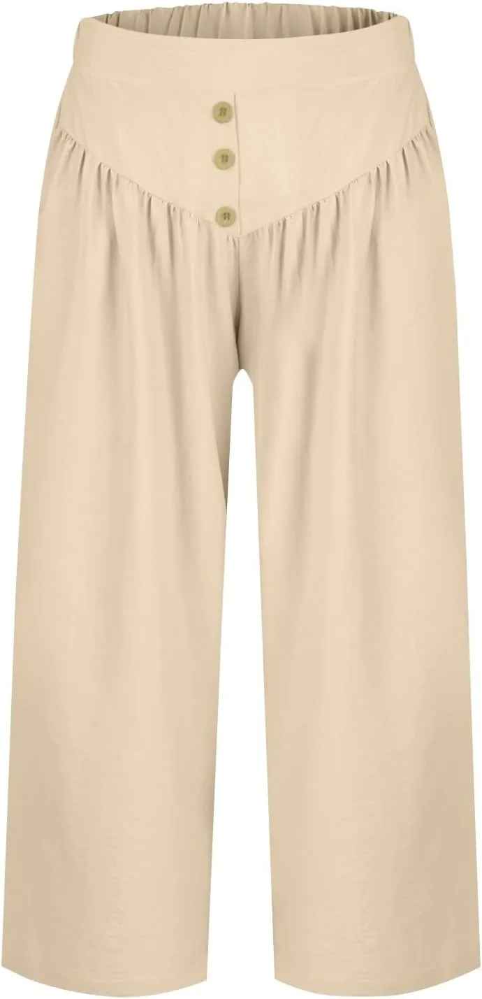 Wide Leg Linen Pants for Women Trendy High Waisted Cropped Culottes Casual Loose Capri Palazzo Pants with Pockets