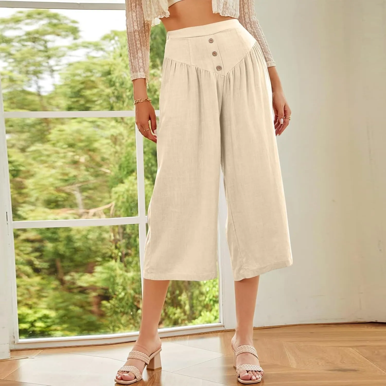 Wide Leg Linen Pants for Women Trendy High Waisted Cropped Culottes Casual Loose Capri Palazzo Pants with Pockets