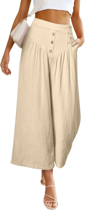 Wide Leg Linen Pants for Women Trendy High Waisted Cropped Culottes Casual Loose Capri Palazzo Pants with Pockets