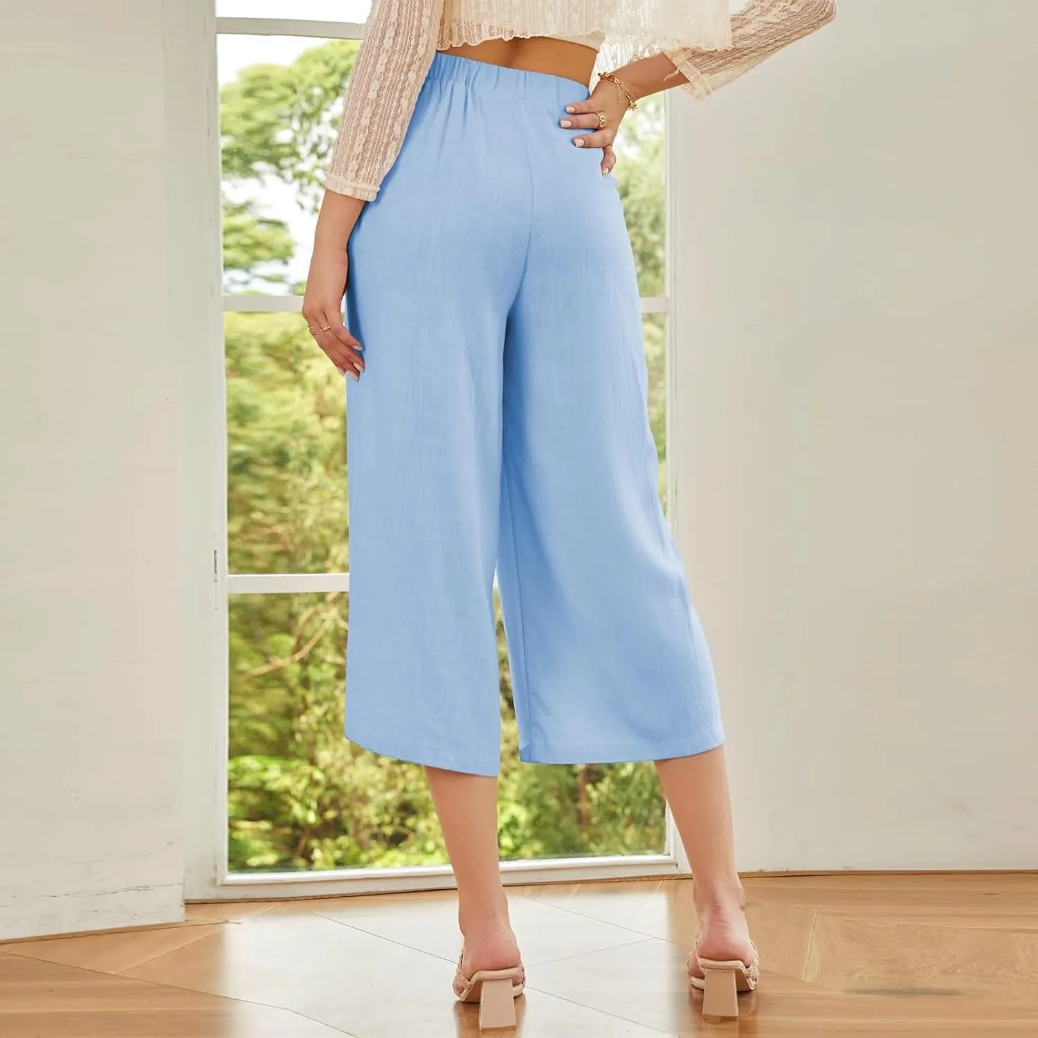 Wide Leg Linen Pants for Women Trendy High Waisted Cropped Culottes Casual Loose Capri Palazzo Pants with Pockets