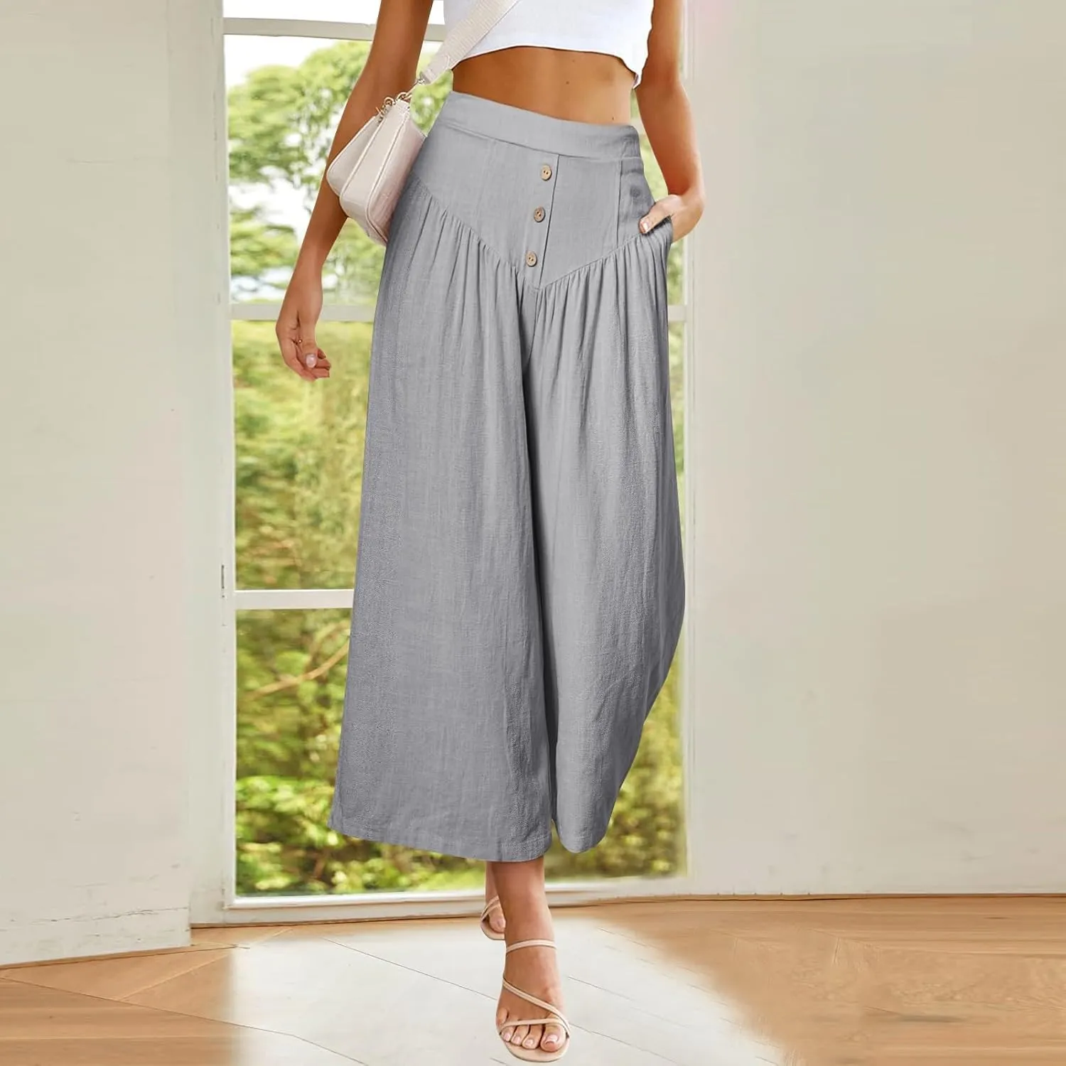 Wide Leg Linen Pants for Women Trendy High Waisted Cropped Culottes Casual Loose Capri Palazzo Pants with Pockets