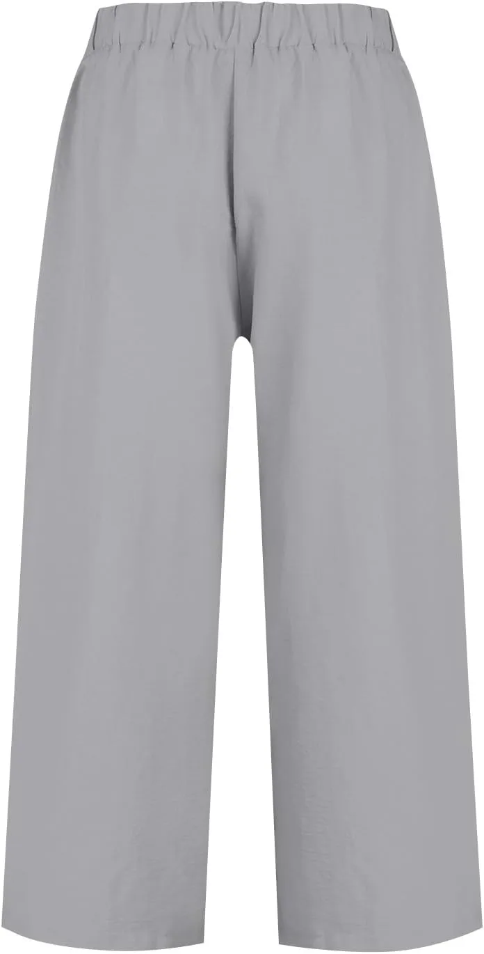 Wide Leg Linen Pants for Women Trendy High Waisted Cropped Culottes Casual Loose Capri Palazzo Pants with Pockets