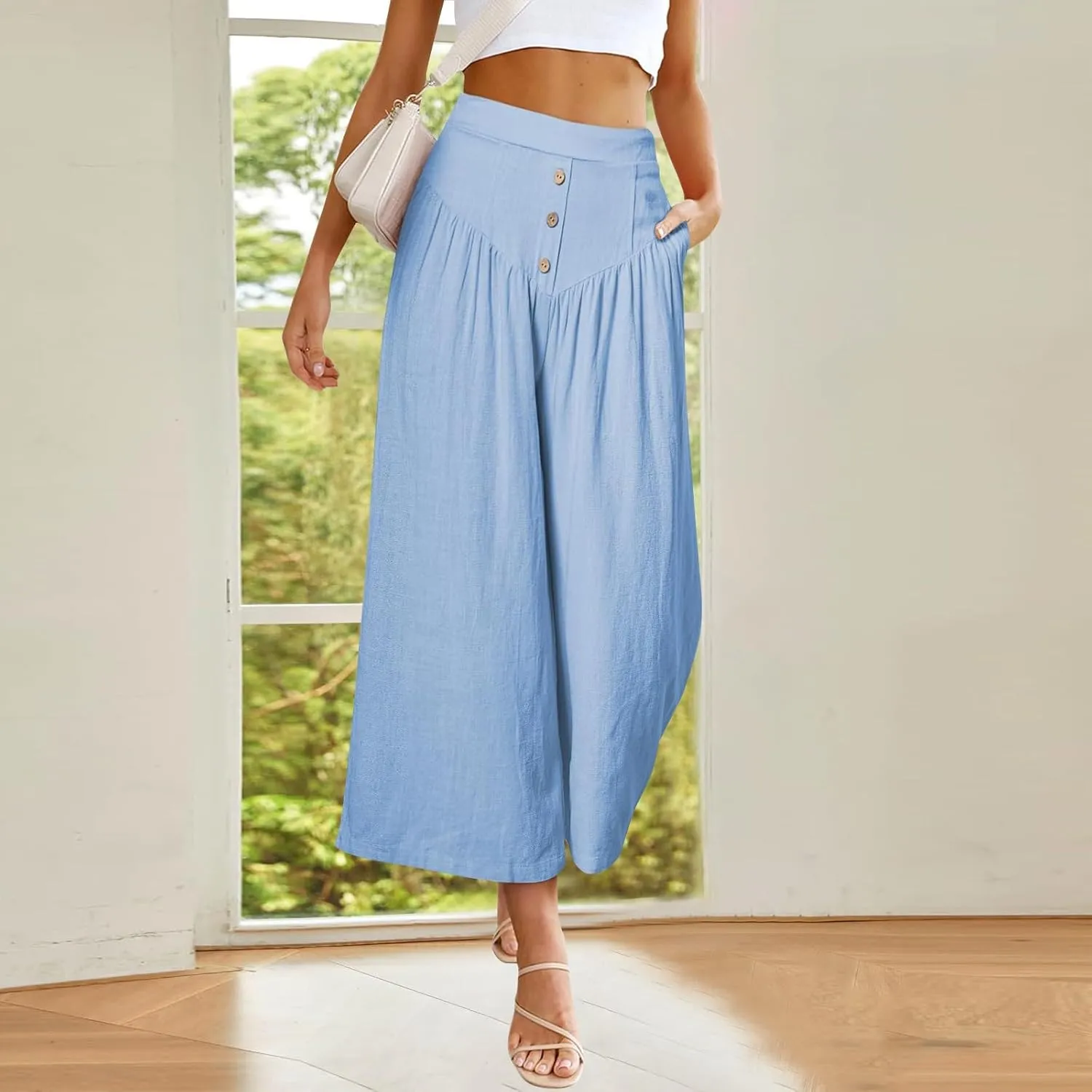 Wide Leg Linen Pants for Women Trendy High Waisted Cropped Culottes Casual Loose Capri Palazzo Pants with Pockets