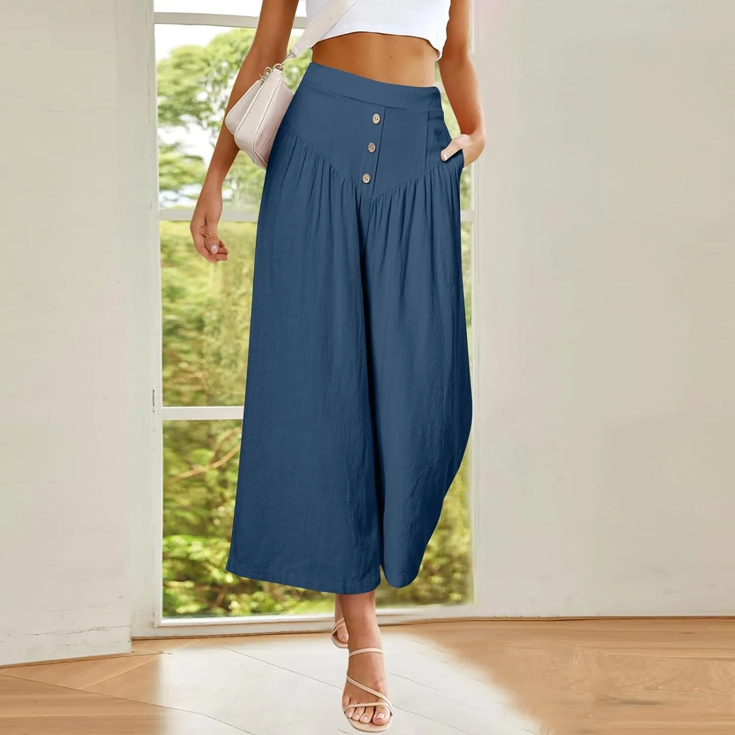 Wide Leg Linen Pants for Women Trendy High Waisted Cropped Culottes Casual Loose Capri Palazzo Pants with Pockets