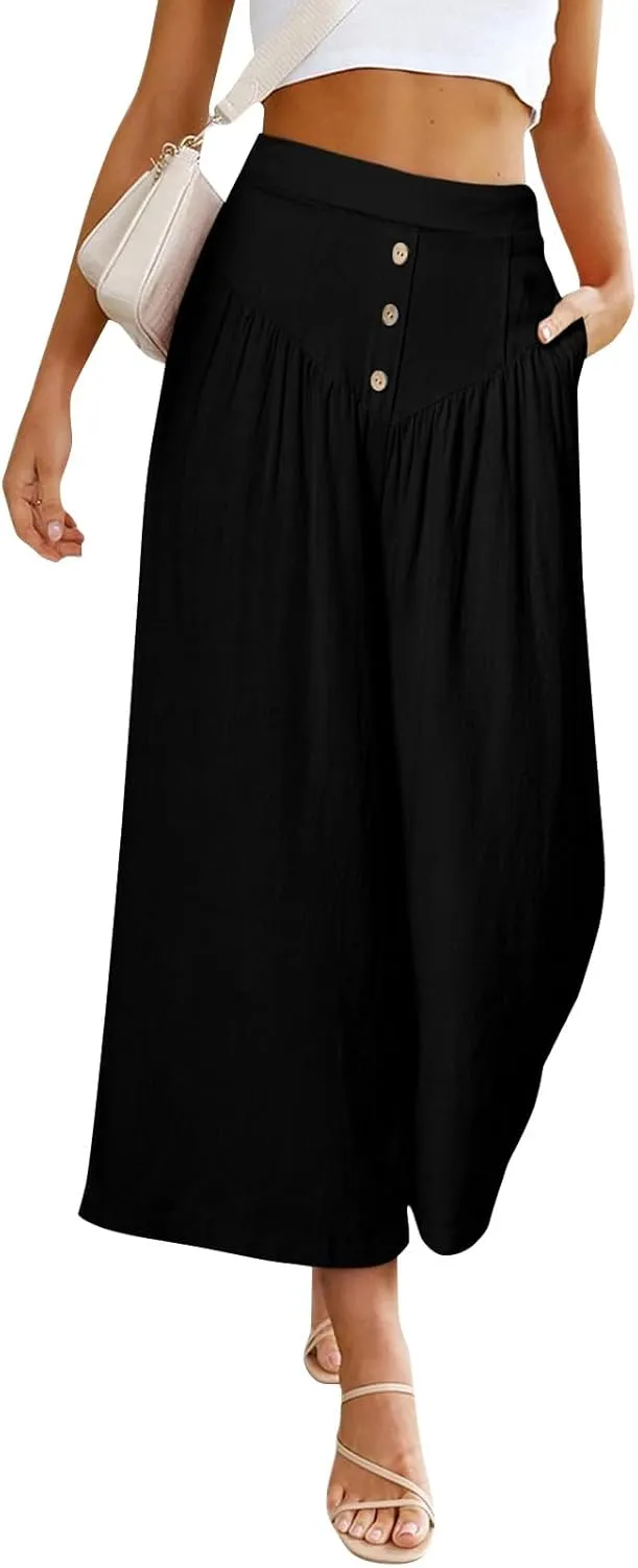 Wide Leg Linen Pants for Women Trendy High Waisted Cropped Culottes Casual Loose Capri Palazzo Pants with Pockets