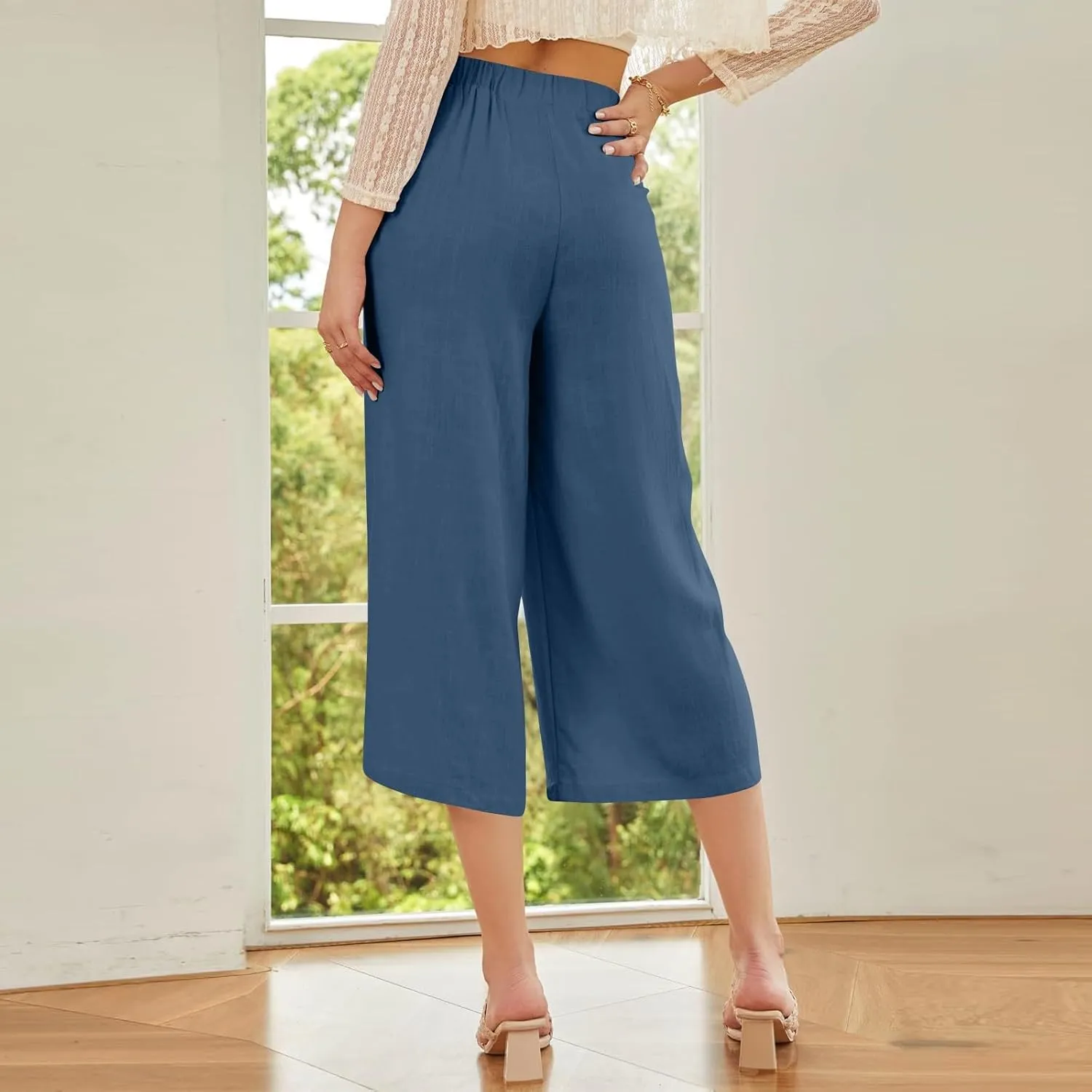 Wide Leg Linen Pants for Women Trendy High Waisted Cropped Culottes Casual Loose Capri Palazzo Pants with Pockets