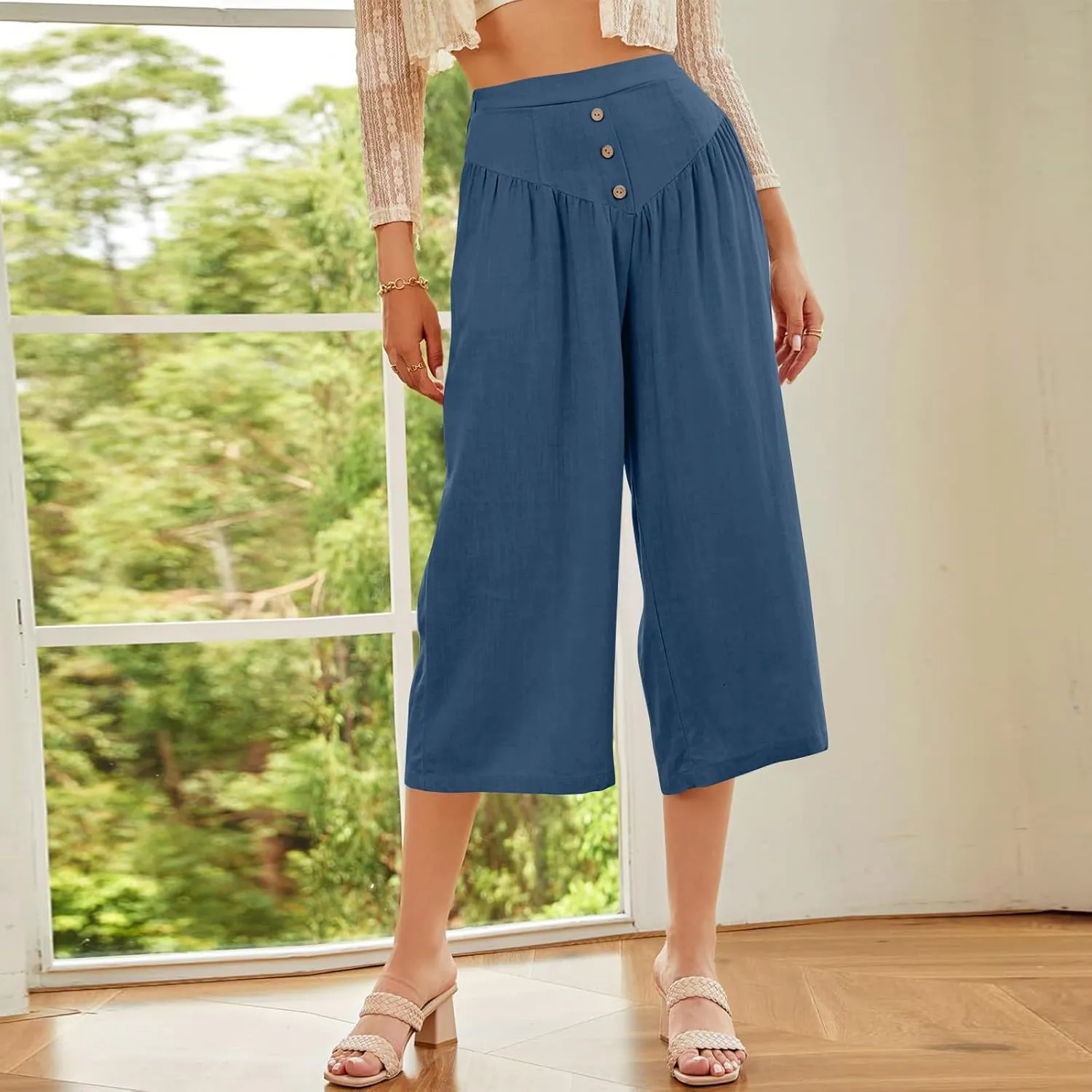 Wide Leg Linen Pants for Women Trendy High Waisted Cropped Culottes Casual Loose Capri Palazzo Pants with Pockets