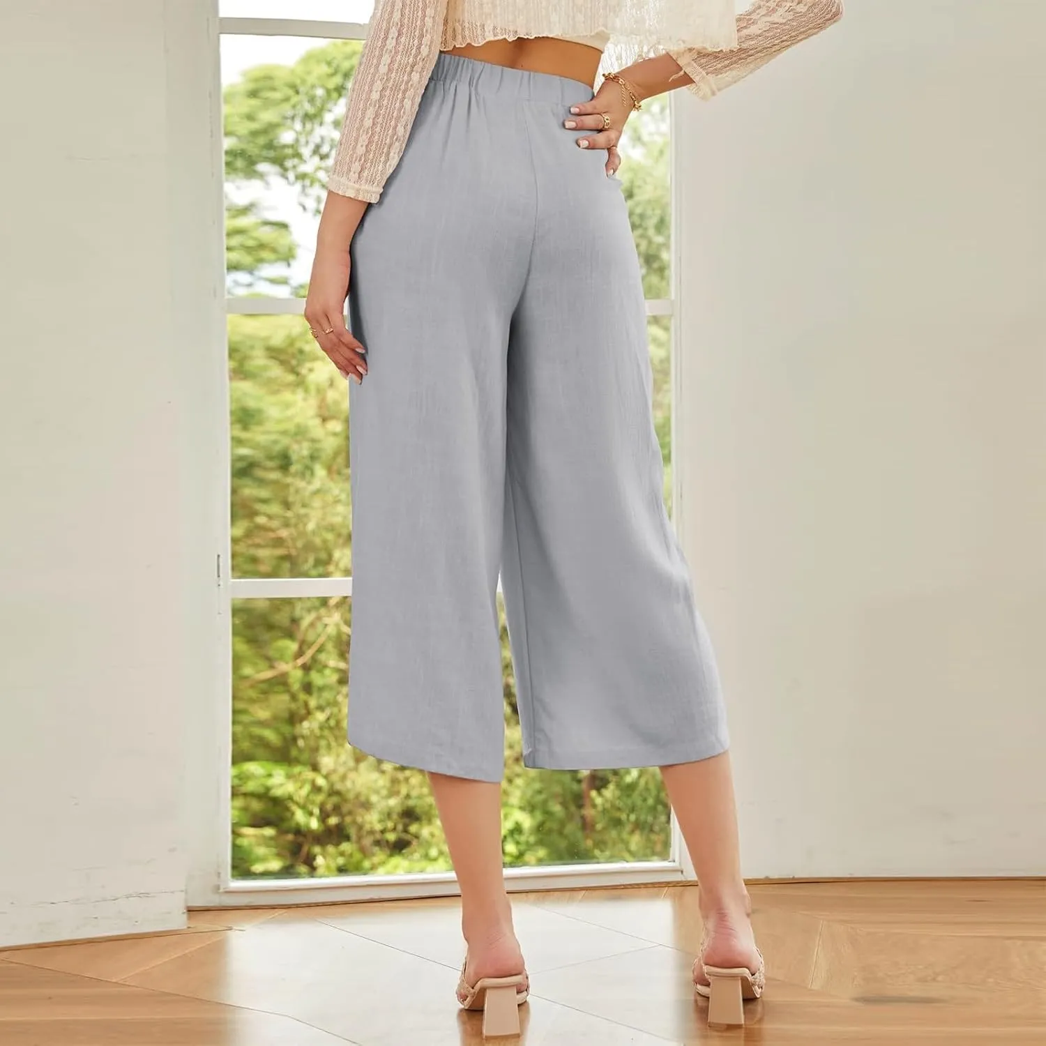 Wide Leg Linen Pants for Women Trendy High Waisted Cropped Culottes Casual Loose Capri Palazzo Pants with Pockets