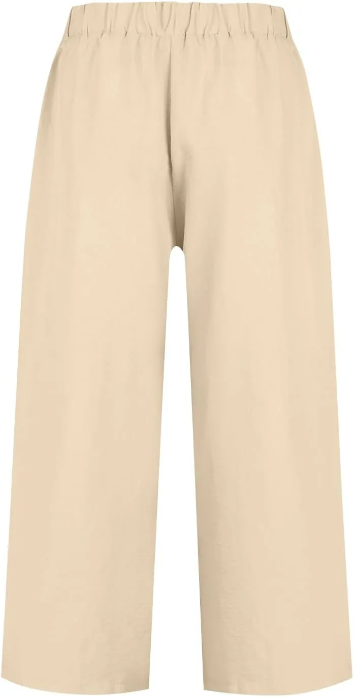 Wide Leg Linen Pants for Women Trendy High Waisted Cropped Culottes Casual Loose Capri Palazzo Pants with Pockets