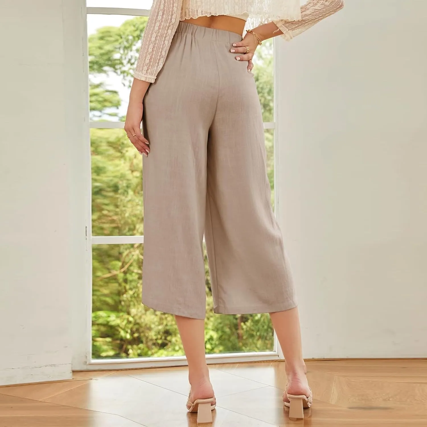 Wide Leg Linen Pants for Women Trendy High Waisted Cropped Culottes Casual Loose Capri Palazzo Pants with Pockets