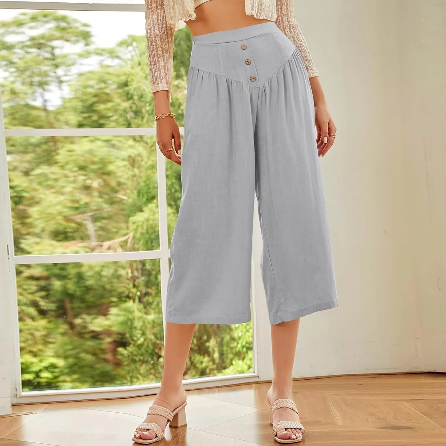 Wide Leg Linen Pants for Women Trendy High Waisted Cropped Culottes Casual Loose Capri Palazzo Pants with Pockets