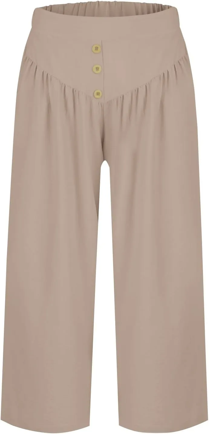 Wide Leg Linen Pants for Women Trendy High Waisted Cropped Culottes Casual Loose Capri Palazzo Pants with Pockets