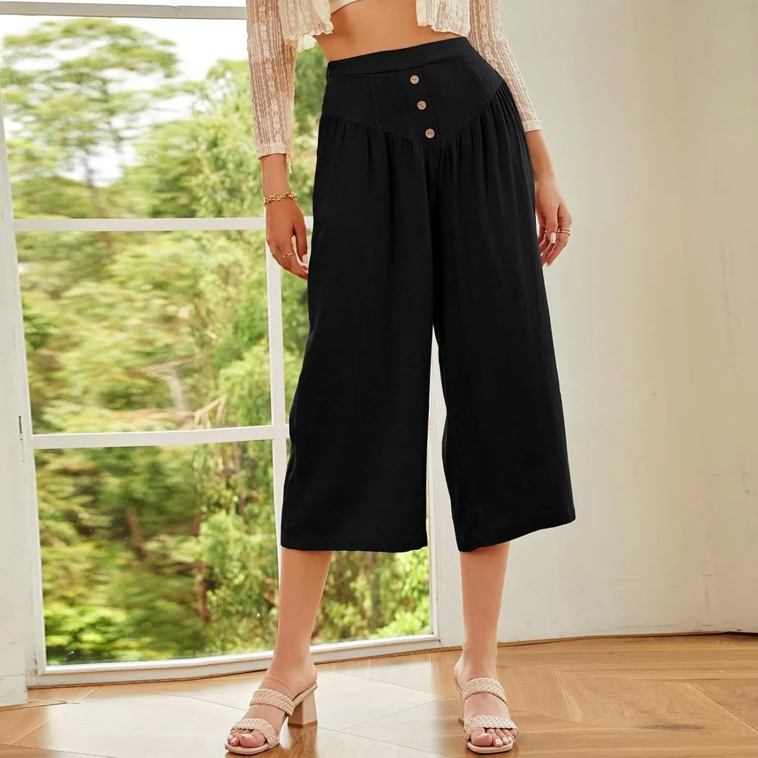 Wide Leg Linen Pants for Women Trendy High Waisted Cropped Culottes Casual Loose Capri Palazzo Pants with Pockets