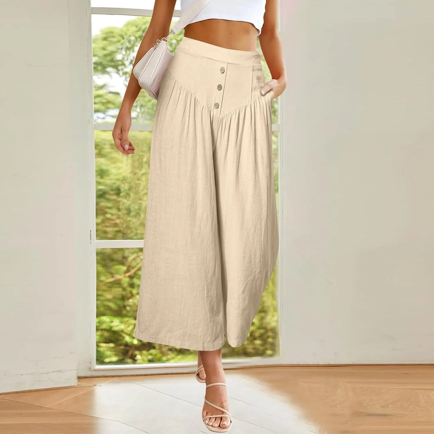 Wide Leg Linen Pants for Women Trendy High Waisted Cropped Culottes Casual Loose Capri Palazzo Pants with Pockets