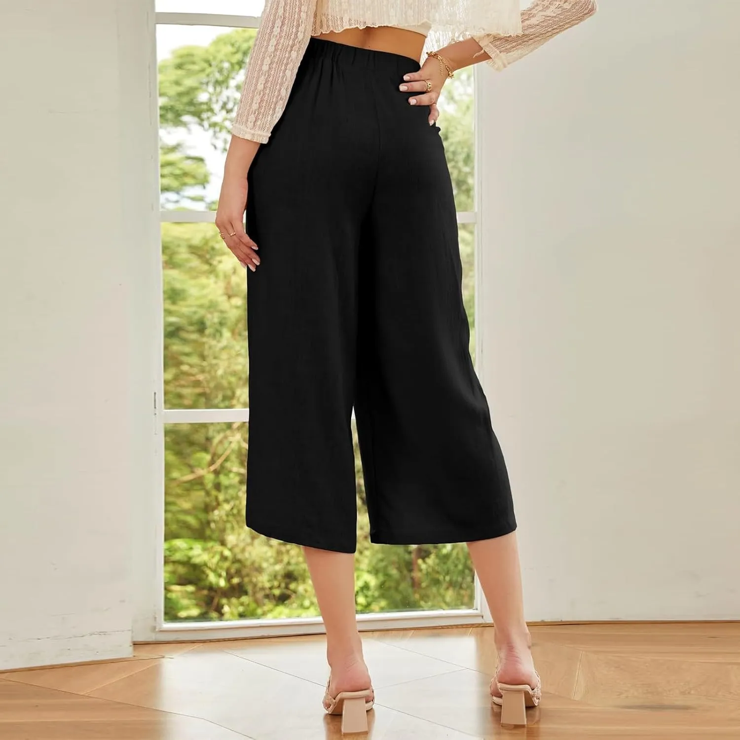 Wide Leg Linen Pants for Women Trendy High Waisted Cropped Culottes Casual Loose Capri Palazzo Pants with Pockets