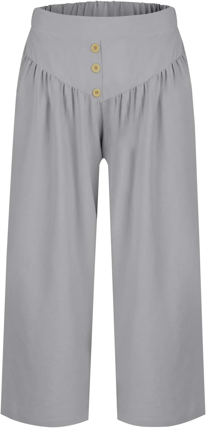 Wide Leg Linen Pants for Women Trendy High Waisted Cropped Culottes Casual Loose Capri Palazzo Pants with Pockets
